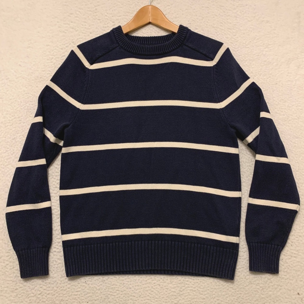 J. Crew Striped Crewneck Sweater Mens Small 100% Cotton Navy Blue White BI842